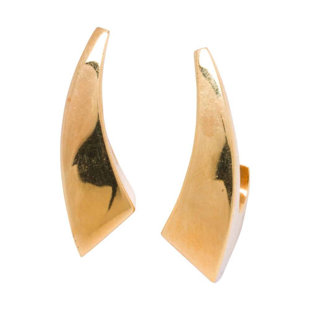 A pair of Michael Sugarman 14k gold earrings: A pair of Michael Sugarman 14k gold earrings Of hollow form, abstract modernist design; length: 1 1/8 in; 7.00 grams