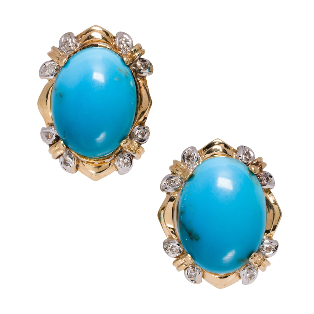 A pair of turquoise, diamond and 14k gold earrings (1 of 1)