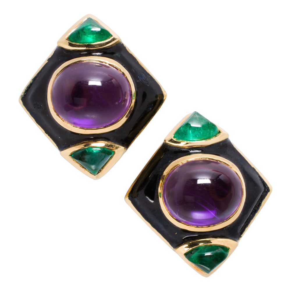A pair of amethyst, tourmaline, enamel, and 18k gold ear-clips: A pair of amethyst, tourmaline, enamel, and 18k gold ear-clips Centering oval-shaped amethyst cabochons measuring 12.38 x 10.00 mm, accented on either side by triangular-shaped tourmaline cabochons