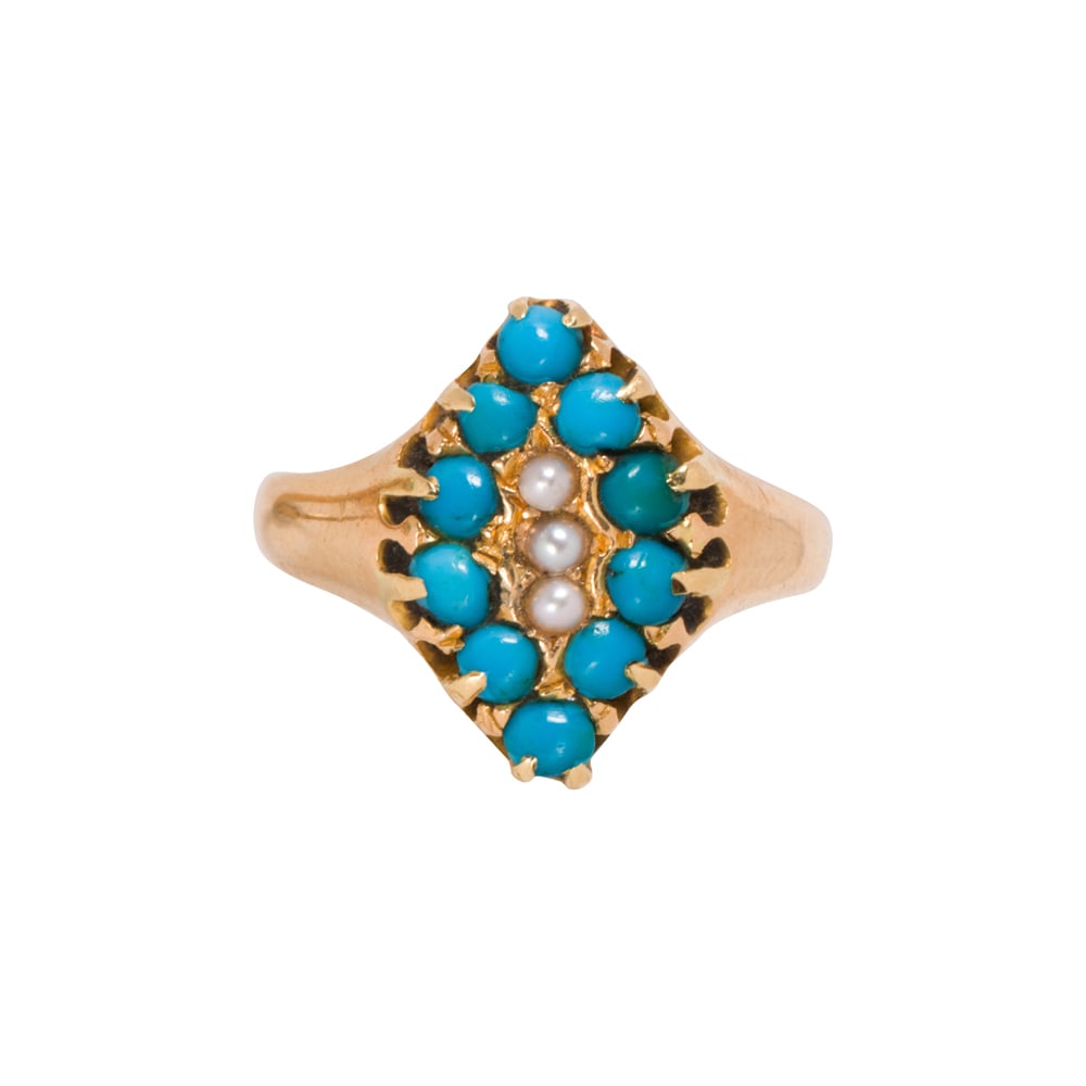 An antique turquoise, seed pearl, and 22k gold ring: An antique turquoise, seed pearl, and 22k gold ring Of navette style, set with three seed pearls surrounded by ten round shaped turquoise cabochons measuring 2.66 mm; size 7; 4.00 grams