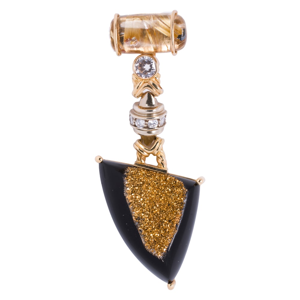 A cubic zirconia, quartz, and 14k gold pendant: A cubic zirconia, quartz, and 14k gold pendant Of modernist design, featuring an assemblage of druzy quartz and round-cut cubic zirconia, with rutilated quartz surmount; length: 2 3/8 in; 12.05 grams