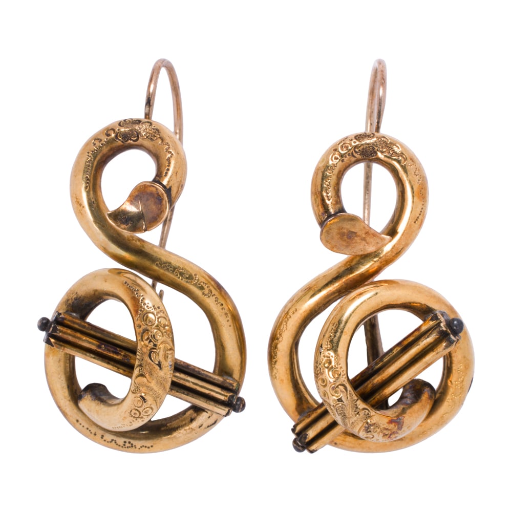 A pair of Antique 18k gold earrings: A pair of Antique 18k gold earrings Designed as a lover's knot; length: 1 3/8 in; 8.30 grams