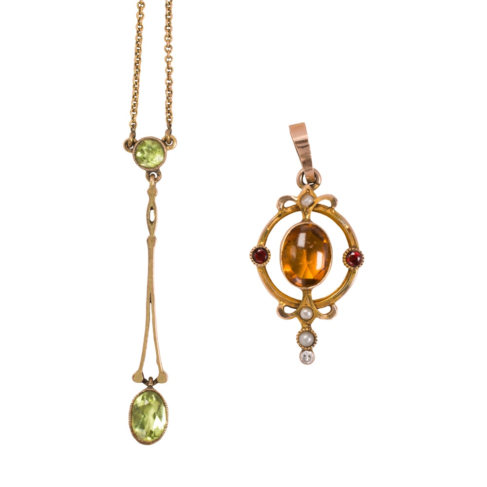 An antique gem-set and gold necklace and pendant: An antique gem-set and gold necklace and pendant Comprising one 9k gold antique lavalier necklace set with one round-cut and one oval-cut green garnet, together with one 10k gold pendant set with a