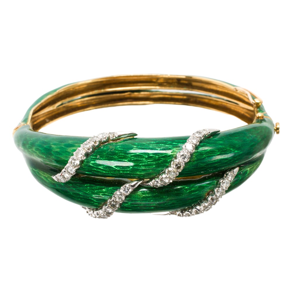 A diamond, enamel, and 18k gold bangle (1 of 2)