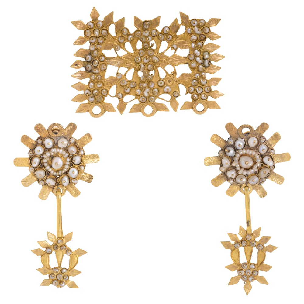 An antique seed pearl and 14k gold brooch and ear-clip set (1 of 1)