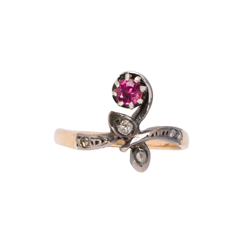 A ruby, diamond, and 14k gold snake ring: A ruby, diamond, and 14k gold snake ring Set with a round-cut ruby and rose-cut diamonds; size 8; 2.85 grams