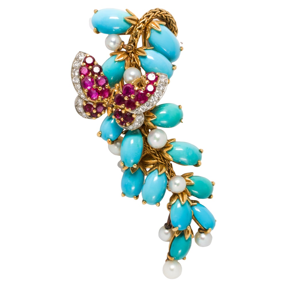 An Alexander Marchak turquoise, ruby, diamond, cultured pearl, and 18k gold brooch: An Alexander Marchak turquoise, ruby, diamond, cultured pearl, and 18k gold brooch Serial no.: 28149.AThe articulated brooch featuring 14 oval-shaped turquoise cabochons ranging from 8.48 to 11.06 mm 