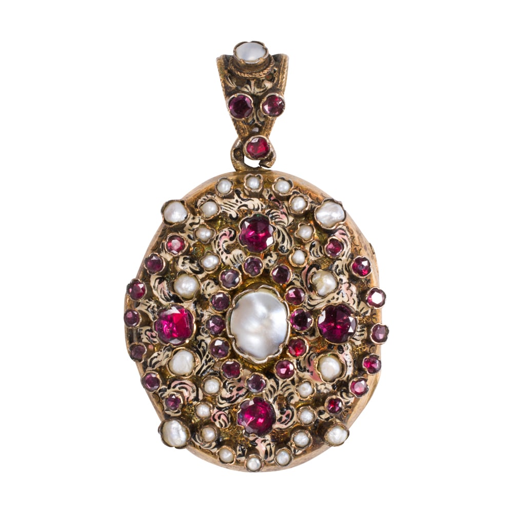 An Austro-Hungarian cultured pearl, paste, enamel, and gilt silver locket: An Austro-Hungarian cultured pearl, paste, enamel, and gilt silver locket The locket designed as an arrangement of round-cut, foil backed paste stones and cultured pearls of varying shapes and sizes,
