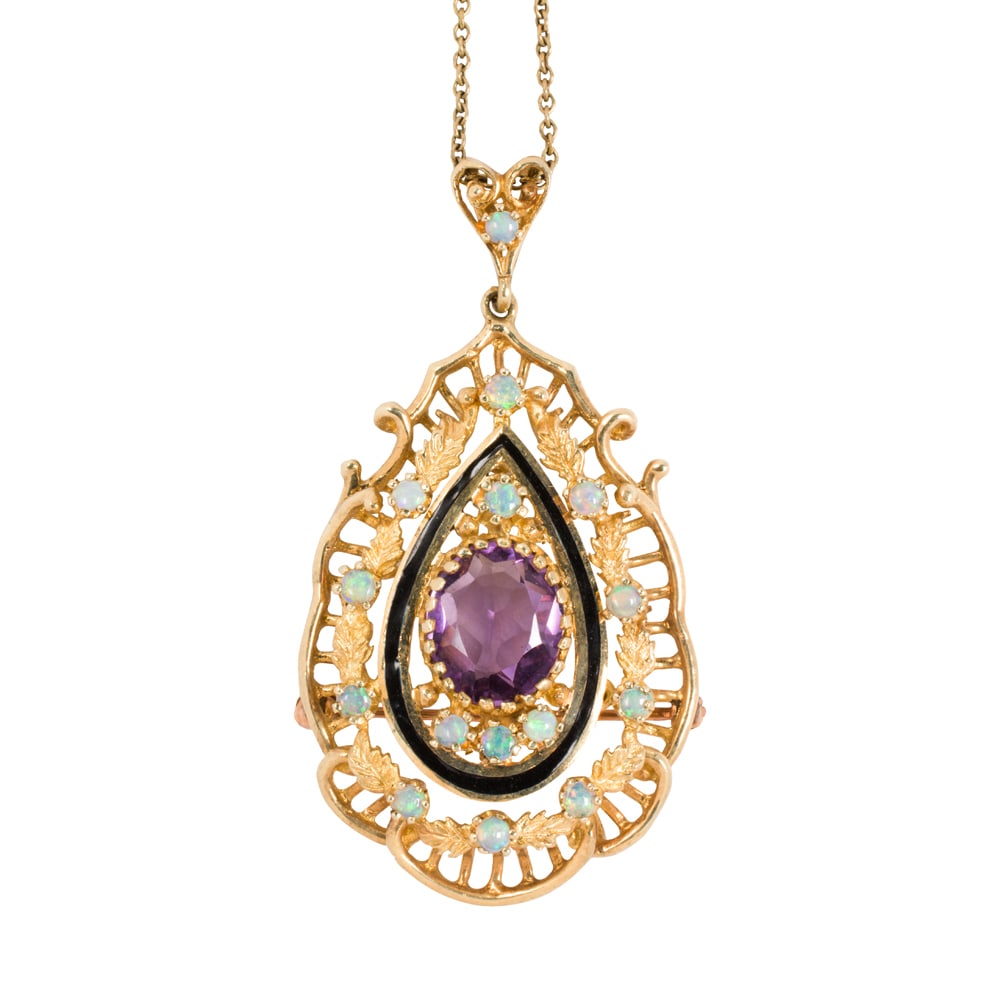 An amethyst, opal, 14k gold, and gold-filled pendant necklace: An amethyst, opal, 14k gold, and gold-filled pendant necklace The 14k gold brooch-pendant centering an oval-cut amethyst measuring 10.05 x 9.35 mm, accented by 15 round shaped opal cabochons measuring