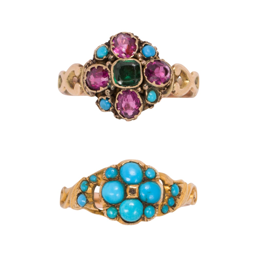 Two antique turquoise, gemstone, and 10k gold rings: Two antique turquoise, gemstone, and 10k gold rings one Georgian with glass and round-shaped turquoise cabochons, together with one set with round-shaped turquoise cabochons of varying sizes; sizes 6