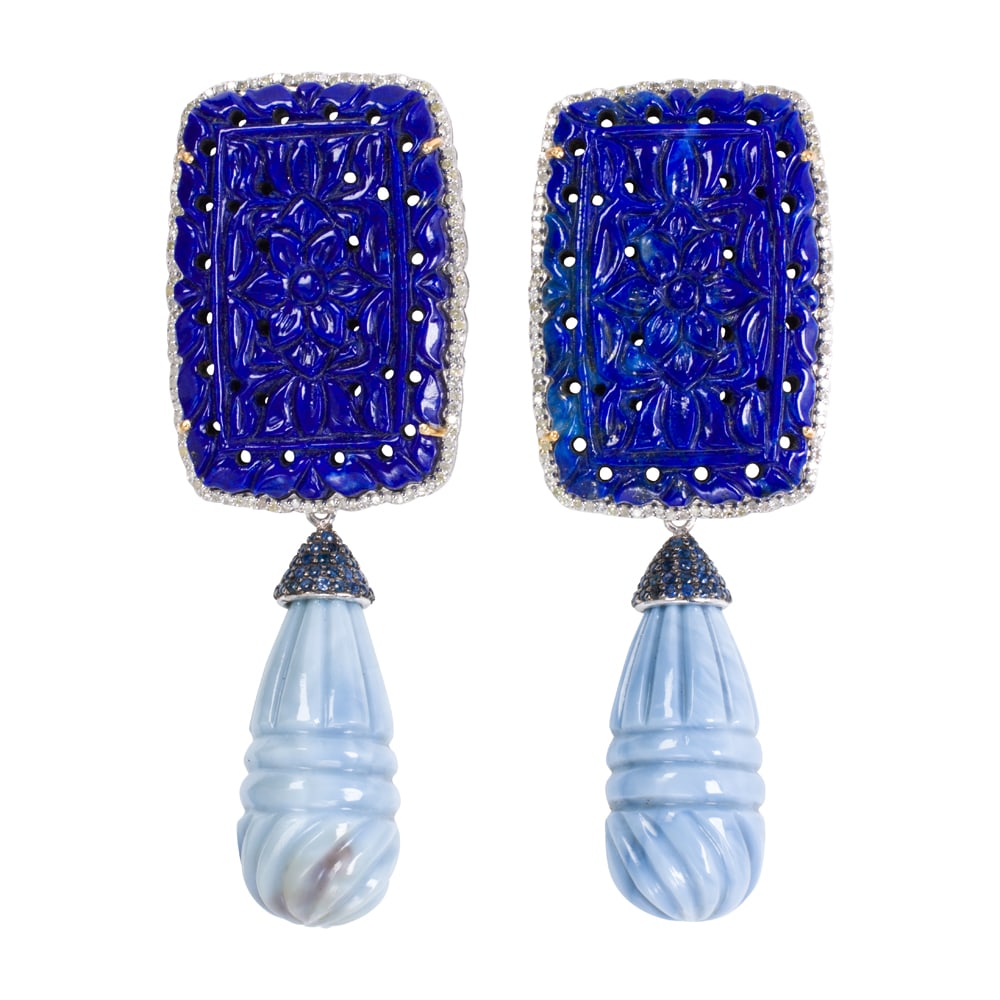 A pair of lapis lazuli, opal, sapphire, silver, and 14k gold earrings: A pair of lapis lazuli, opal, sapphire, silver, and 14k gold earrings The silver earrings featuring drop-shaped carved opals set with round-cut sapphires, surmounts set with carved lapis lazuli