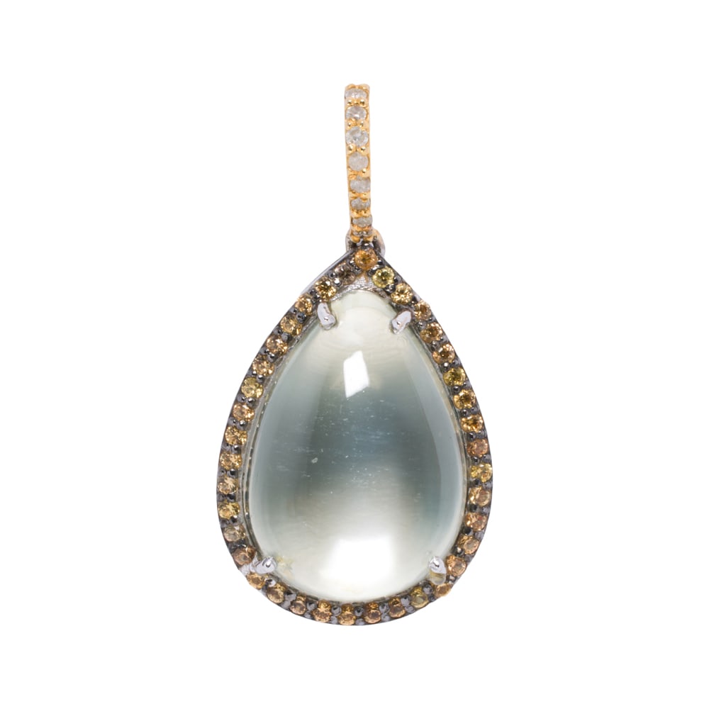 A moonstone, sapphire, diamond, silver, and 14k gold pendant: A moonstone, sapphire, diamond, silver, and 14k gold pendant The silver pendant centering a pear-shaped moonstone cabochon measuring 16.56 x 12.47 mm, framed by round-cut sapphires with diamond-set