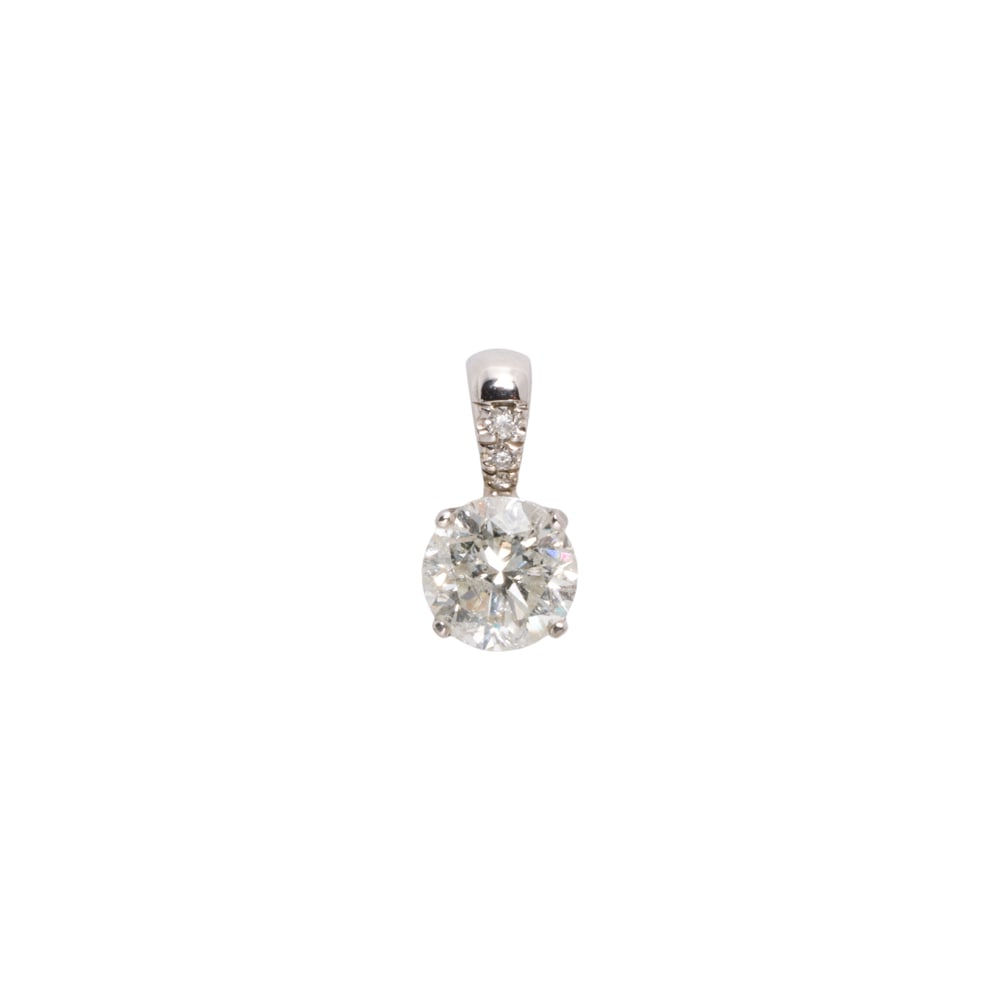 A diamond and 14k white gold pendant necklace: A diamond and 14k white gold pendant necklace centering a round brilliant-cut diamond weighing approximately 1.04 carats, further accented by diamonds, suspending from cable-link chain; chain length: