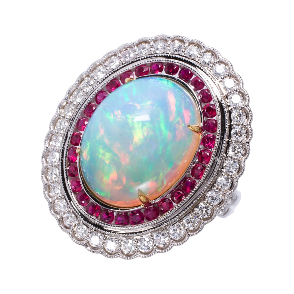 An opal, ruby, diamond, and 14k white gold ring - 2