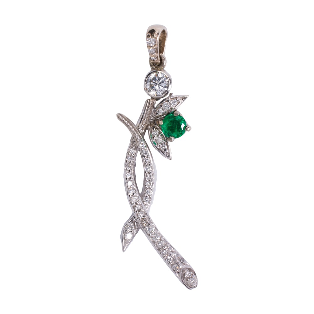 An emerald, diamond, and 14k white gold pendant: An emerald, diamond, and 14k white gold pendant Of abstract design, set with one round-cut emerald weighing 0.23 carat and 40 round brilliant-cut diamonds weighing 0.50 carat total; length: 1 5/8 in;