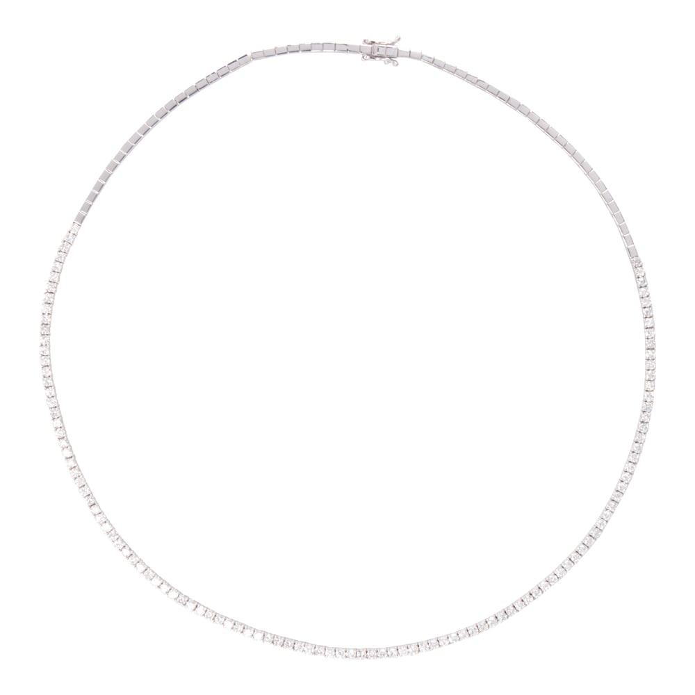 A lab grown diamond and 14k white gold tennis necklace: A lab grown diamond and 14k white gold tennis necklace Designed with numerous round brilliant-cut laboratory grown diamonds weighing a total of 4.52 carats; length: 16 1/4 in; 12.40 grams