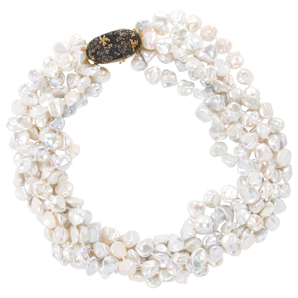 A retailed by Gump's cultured pearl and 18k gold shakudo torsade necklace: A retailed by Gump's cultured pearl and 18k gold shakudo torsade necklace Designed as six strands of baroque cultured pearls, on hollow-form cherry blossom 18k gold shakudo clasp; length: 19 1/2 in;