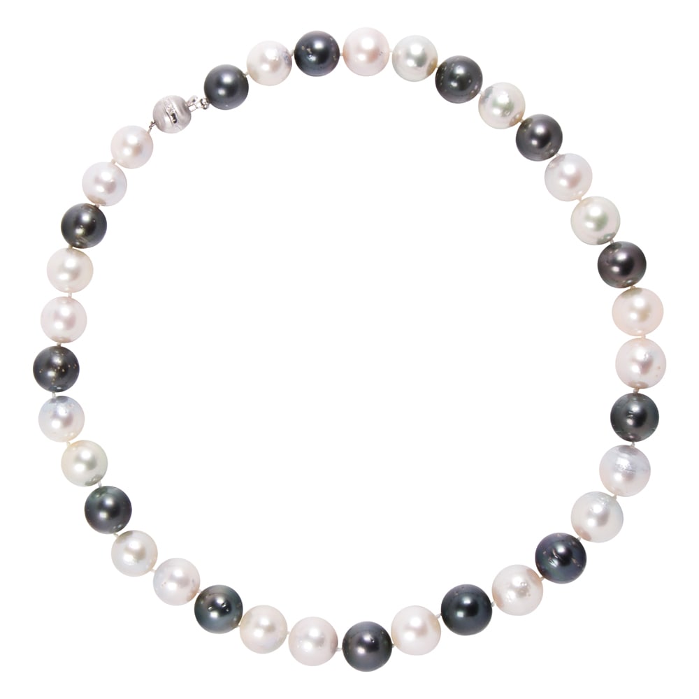 A South Sea and Tahitian cultured pearl, and 14k white gold necklace: A South Sea and Tahitian cultured pearl, and 14k white gold necklace Designed as a strand of 35 mixed South Sea and Tahitian cultured pearls on 14k white gold clasp set with one round-cut diamond;