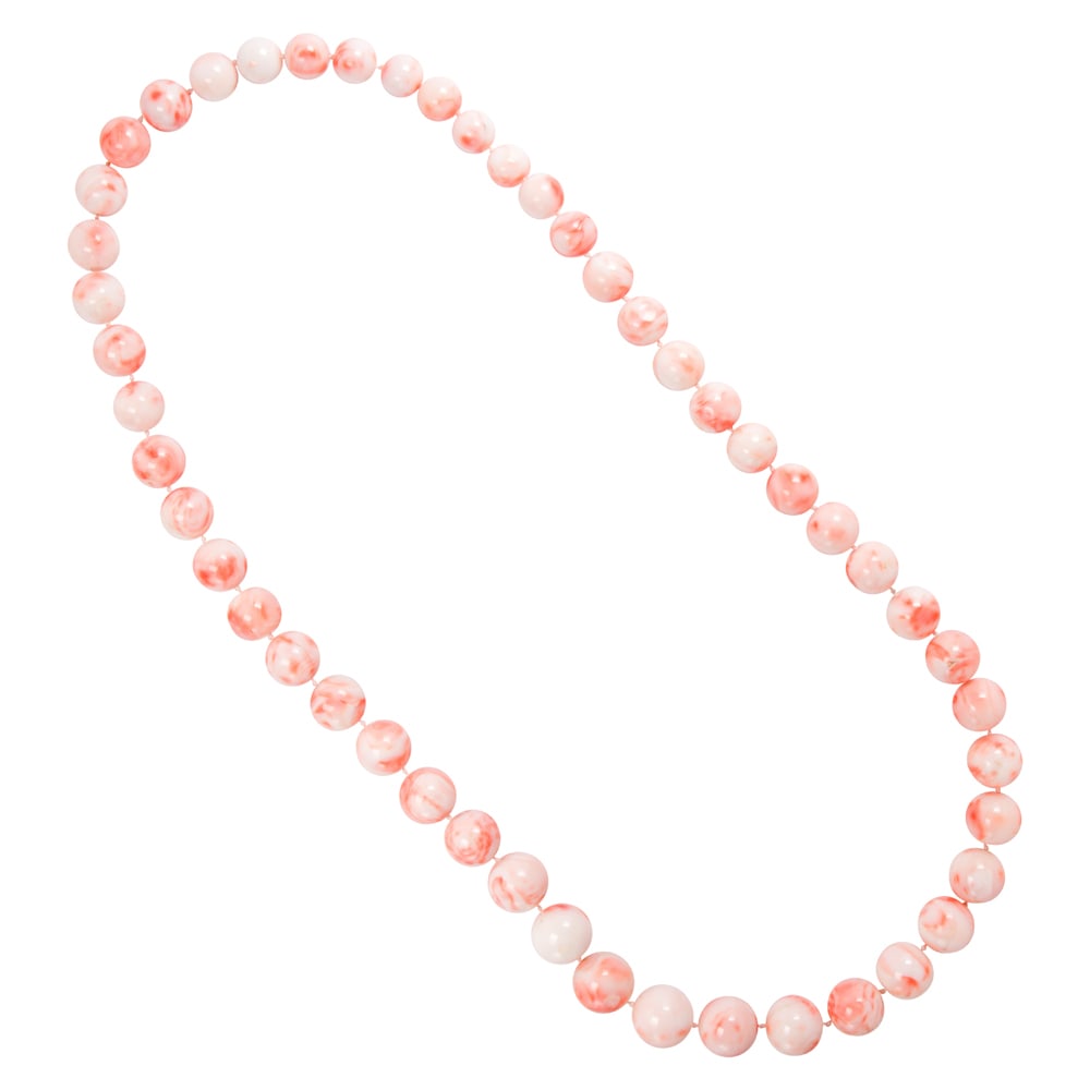 A coral beaded necklace: A coral beaded necklace Featuring a gradation of round-shaped coral beads measuring from 12.49 to 16.83 mm; length: 34 in; 229.50 grams