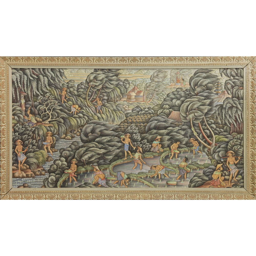 I Wayan Tegal (1926-2005) - Rice Planting Scene: I Wayan Tegal (1926-2005) - Rice Planting Scene. Acrylic on canvas, signed lower left, framed, 27.25"h x 52"w.