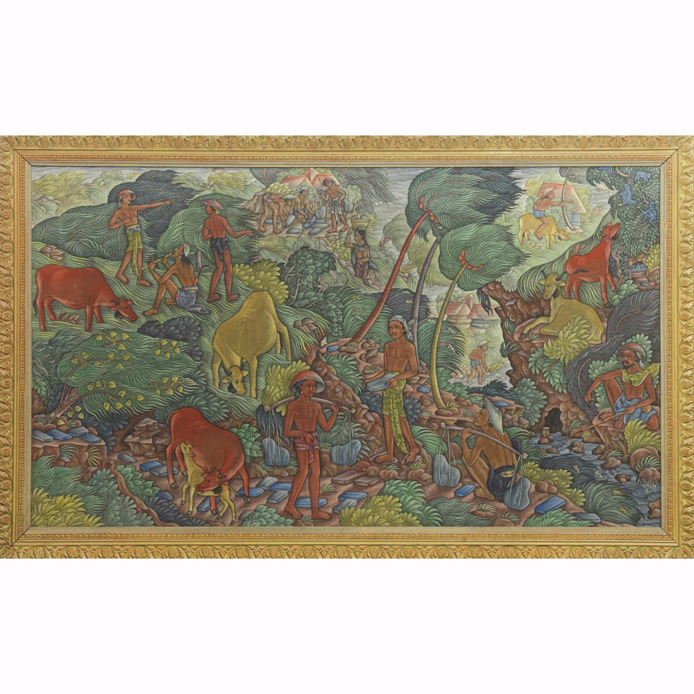 Ketut Tungeh (born 1915) - Heading Buffalos: Ketut Tungeh (born 1915) - Heading Buffalos. Acrylic on canvas, signed Ketut Tungeh of Ubud, Bali, lower right, framed, 31.75"h x 55.5"w.