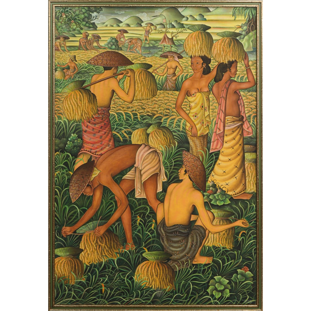 Anak Agung Gede Anom Sukawati (born 1966) - Rice Harvest Scene: Anak Agung Gede Anom Sukawati (born 1966) - Rice Harvest Scene. Acrylic on canvas, signed on the lower right, framed, 55.5"h x 37.75"w.