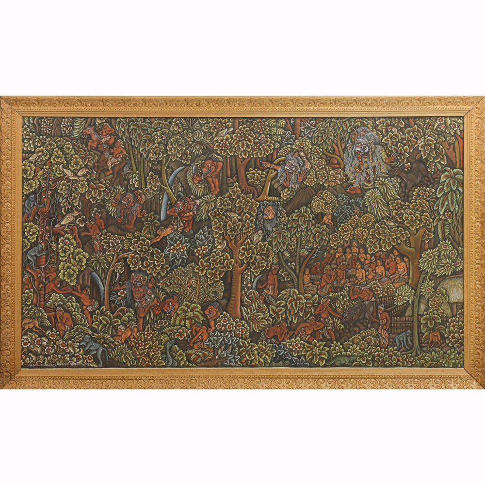 Ida Bagus Made Togog (1913-1989) - Jungle Scene: Ida Bagus Made Togog (1913-1989) - Jungle Scene. Acrylic on canvas, likely depicting a narrative from the Ramayana epic, signed Ida Bagus Made Togog of Batuan Sukawati on the lower right, framed,