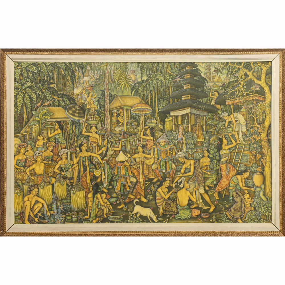 Indonesian Balinese School - Village Scene: Indonesian Balinese School - Village Scene. Acrylic on canvas, signed Wayan Nanu of Pebiatan on the lower right, framed, 33"h x 52.5"w.