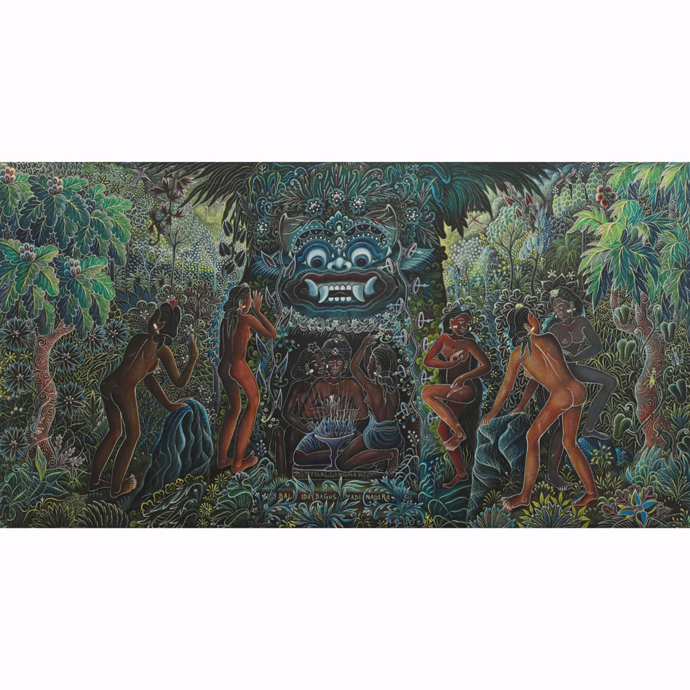 Ida Bagus Made Nadera (1910-1988) - Worshiping Barong: Ida Bagus Made Nadera (1910-1988) - Worshiping Barong. Acrylic on canvas, signed on the lower center, 28.5"h x 53"w.
