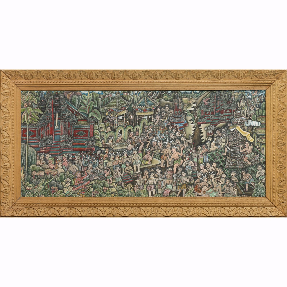 Indonesian Balinese School - Hindu Ritual Procession: Indonesian Balinese School - Hindu Ritual Procession. Acrylic on canvas, signed lower right, framed, 14.25"h x 33"w.