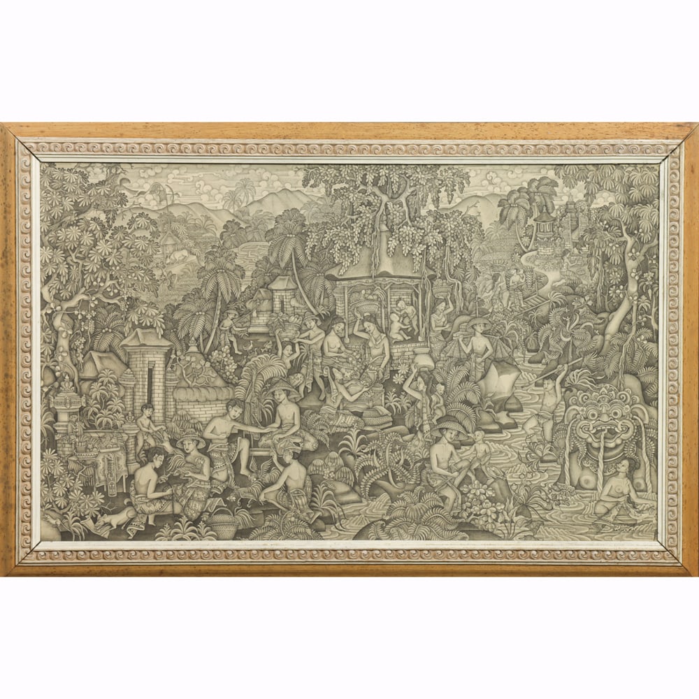 Indonesian Balinese School - Village Scene: Indonesian Balinese School - Village Scene. Ink on canvas, signed Wayan Radjin of Batuan Bali on the lower right, framed, 25"h x 40.25"w.