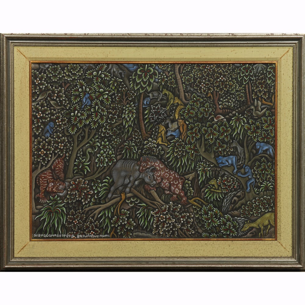 Ida Bagus Made Togog (1913-1989) - Jungle Scene: Ida Bagus Made Togog (1913-1989) - Jungle Scene. Acrylic on canvas, signed lower left, framed, 18"h x 24.5"w.