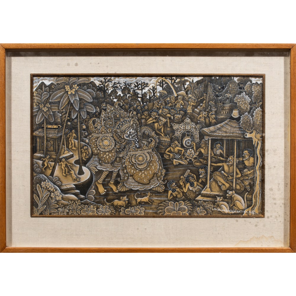 Ida Bagus Made Widja (1912-1992) - Barong Dance Scene: Ida Bagus Made Widja (1912-1992) - Barong Dance Scene. Acrylic on canvas, signed on the lower right, framed and glazed, 14"h x 22.5"w excluding the frame.