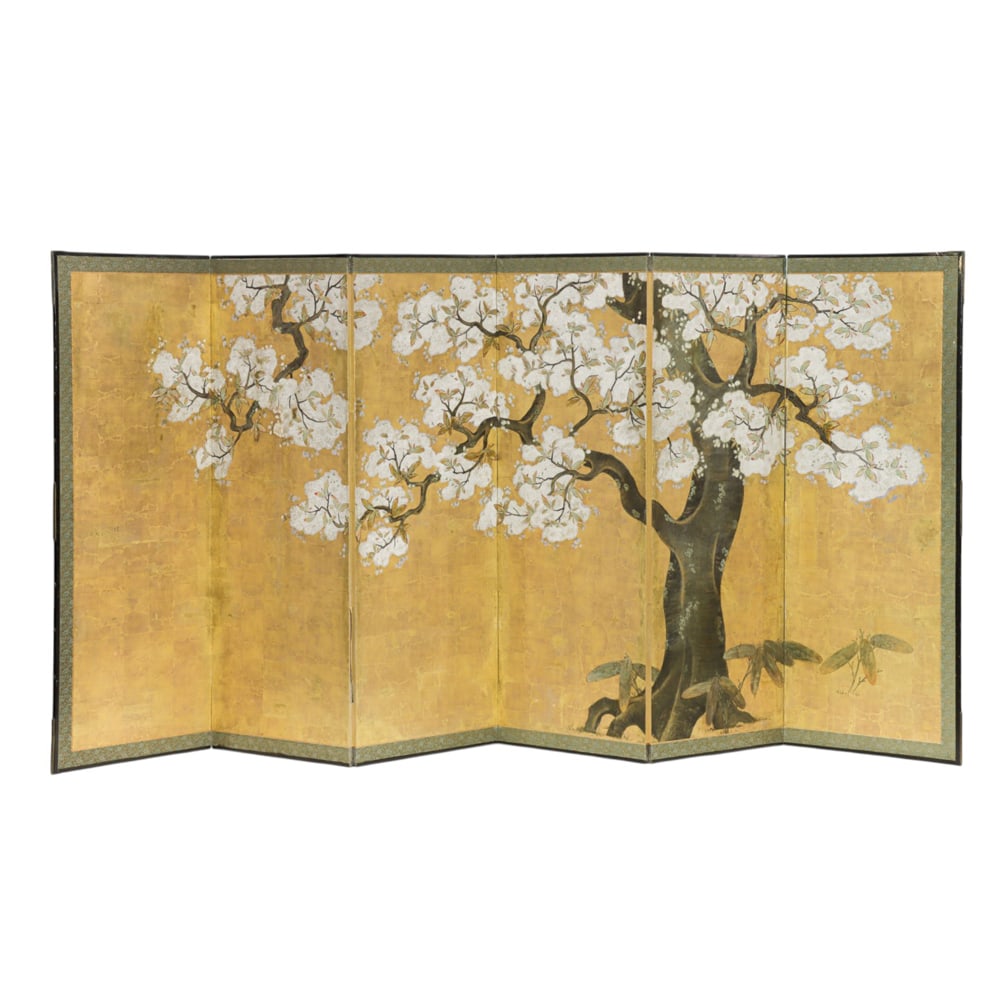 A Japanese six-panel 'cherry blossom' folding screen: A Japanese six-panel 'cherry blossom' folding screen. Ink and color on gold leaf paper, Meiji period, 66.5"h x 145"w.