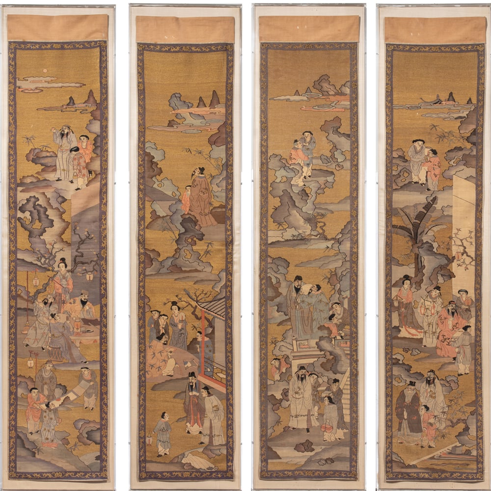(lot of 4) Chinese kesi woven panels: (lot of 4) Chinese kesi woven panels. Depicting various figures in stylized landscape and garden setting with rockwork, bamboo, flowering plum branches, framed and glazed, late 19th century, 67.75"h
