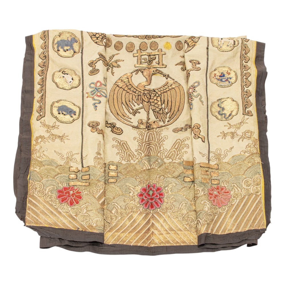 A Chinese embroidered silk tapestry: A Chinese embroidered silk tapestry. Featuring roundels of crane surrounded by eight Buddhist emblems, dragon and flaming pearls, enclosed by twelves zodiac above crest waves, late Qing period, 59"h x