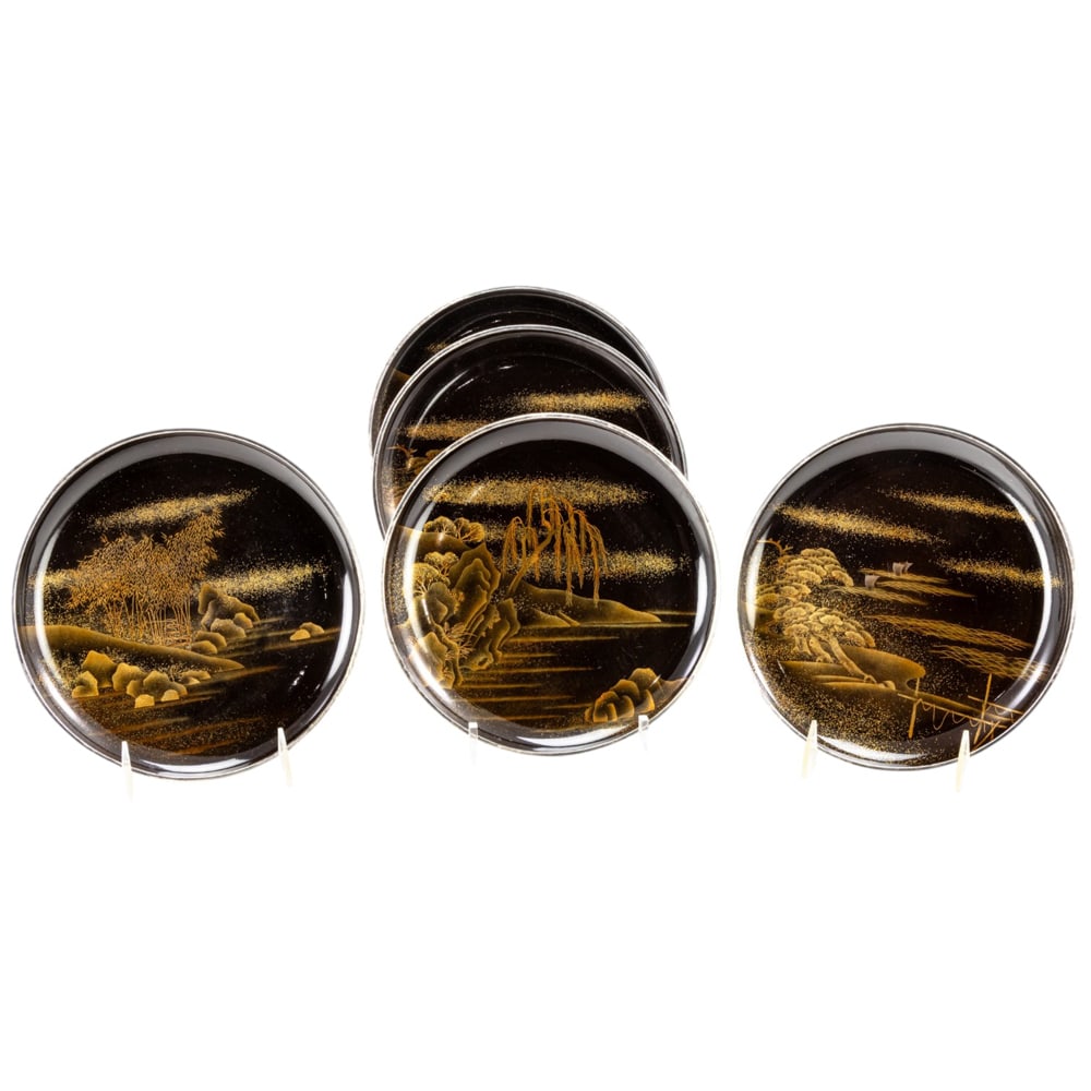 (lot of 5) Japanese lacquer dishes with silver rims: (lot of 5) Japanese lacquer dishes with silver rims. Depicting bamboo and rocks, with wooden storage box, Meiji period, 8.375" across.