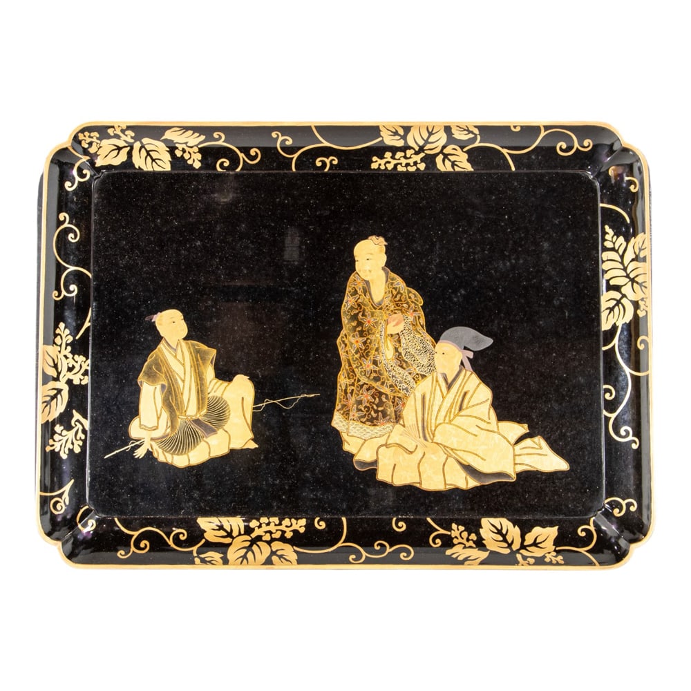 A Japanese lacquer tray: A Japanese lacquer tray. Depicting figural motif, with wooden storage box, Meiji period, 19" across.