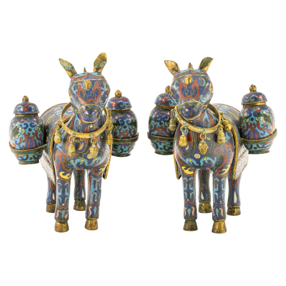 (lot of 2) Chinese cloisonne enamel horse-form incense burners