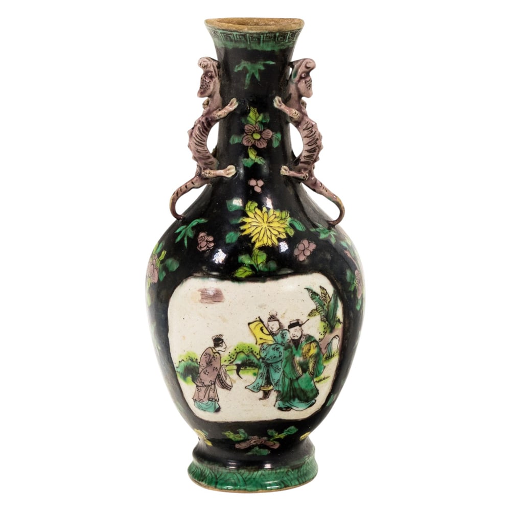 A Chinese famille verte black-ground wall vase