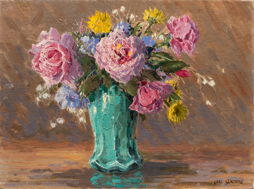 Painting, Carl Sammons: Carl Sammons (American 1883–1968), "Still Life," oil on canvas board, signed lower left, titled verso, board (unframed): 12"h x 16"w