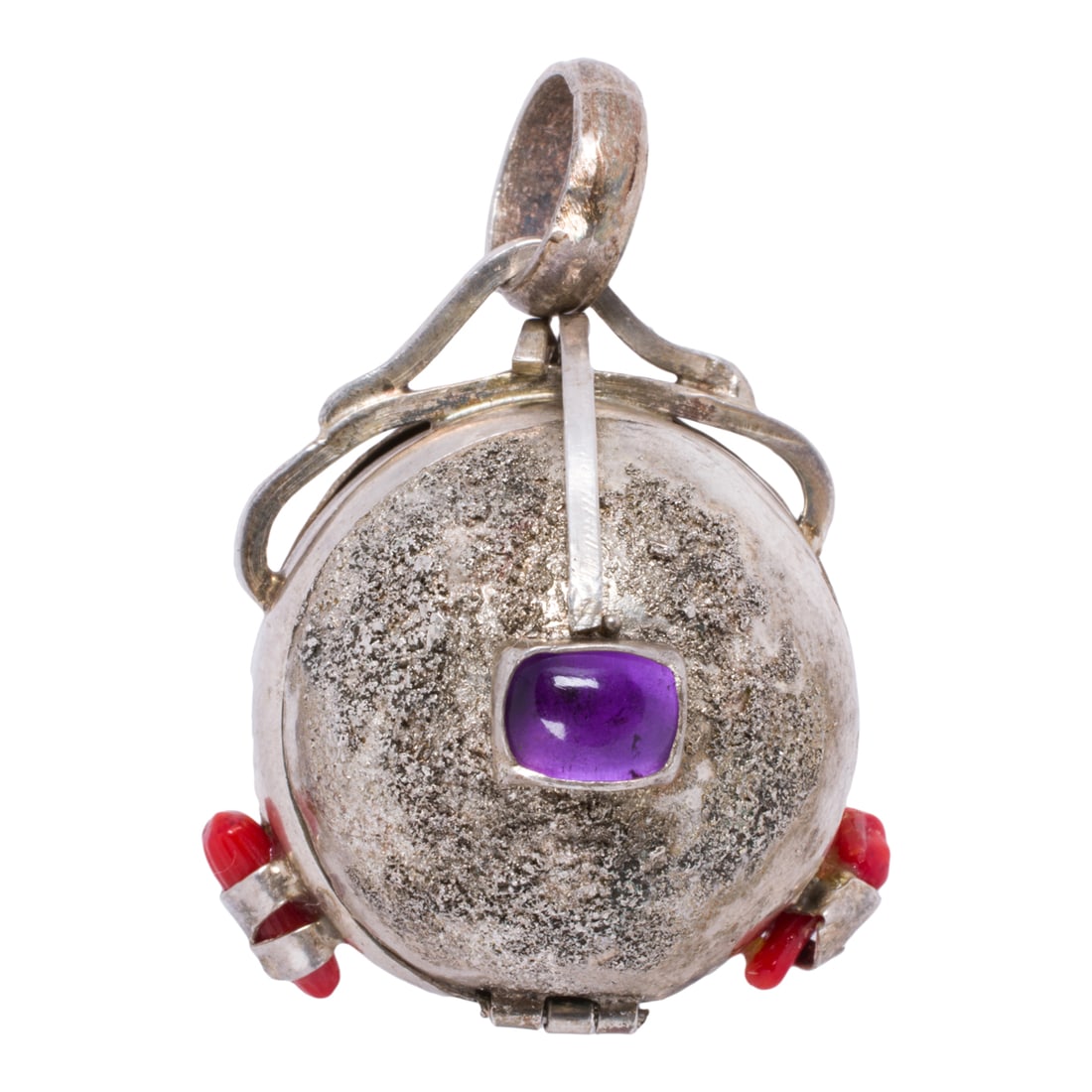 A coral, quartz, amethyst and silver pendant: A coral, quartz, amethyst and silver pendant of ball form, containing a quartz sphere, accented by an amethyst cabochon and 5 coral pieces; length: 1 1/2 in; 47.00 gross grams