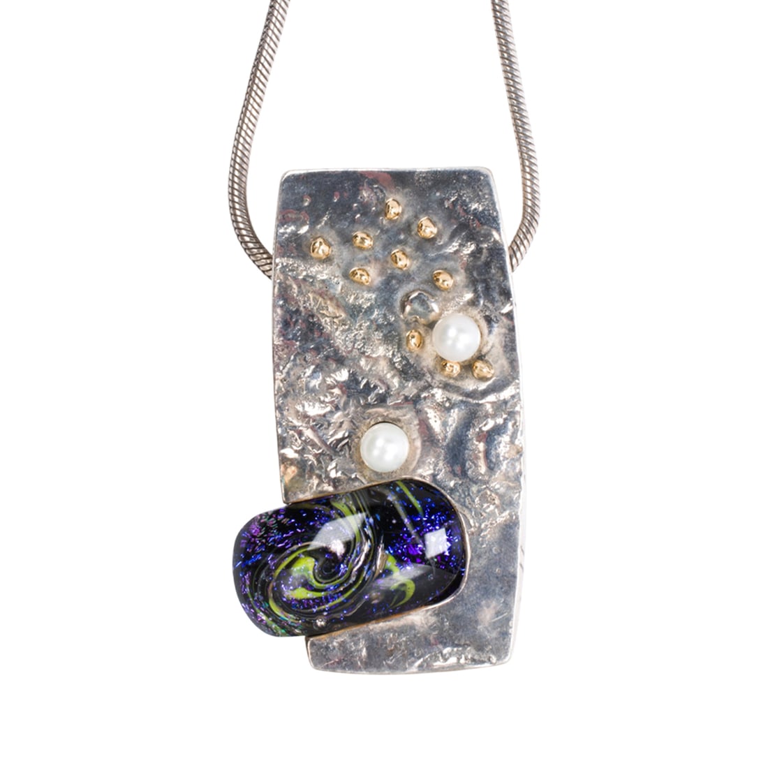 A Bronwen Heilman glass, cultured pearl, silver, and 18k gold pendant necklace: A Bronwen Heilman glass, cultured pearl, silver, and 18k gold pendant necklace Of modernist design, featuring a glass element, cultured pearls, and 18k gold granules; pendant length: 2 in; chain