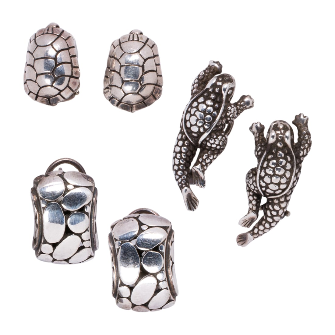 Three pairs of silver earrings and ear-clips: Three pairs of silver earrings and ear-clips Comprising two pairs of earrings and one pair of ear-clips by various makers including Barry Kieselstein; gross weight: 35.75 grams