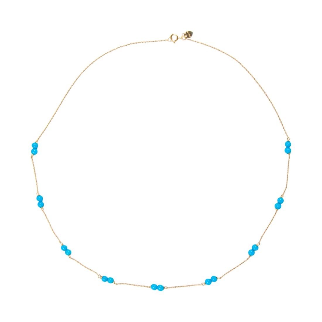 A turquoise and 14k gold necklace: A turquoise and 14k gold necklace designed as a line of turquoise beads measuring approximately 4.18 mm in diameter, ; length: 18 in; 3.00 grams