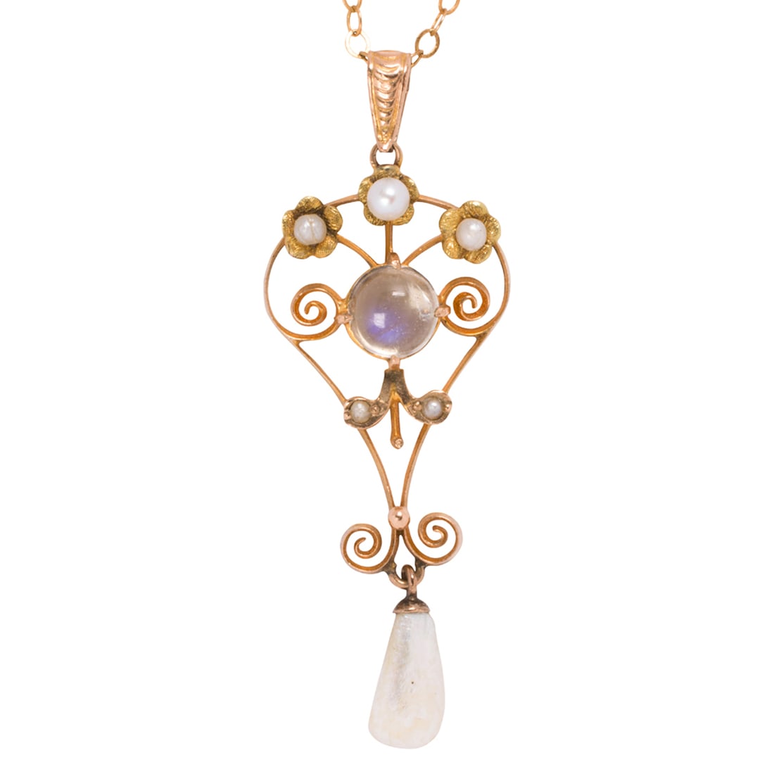 An antique moonstone, pearl, 14k gold pendant and gold-filled chain: An antique moonstone, pearl, 10k gold pendant and gold-filled chain Of floriform lavalier design, centering a round shaped moonstone cabochon measuring 5.62 mm, accented by seed pearls and a river