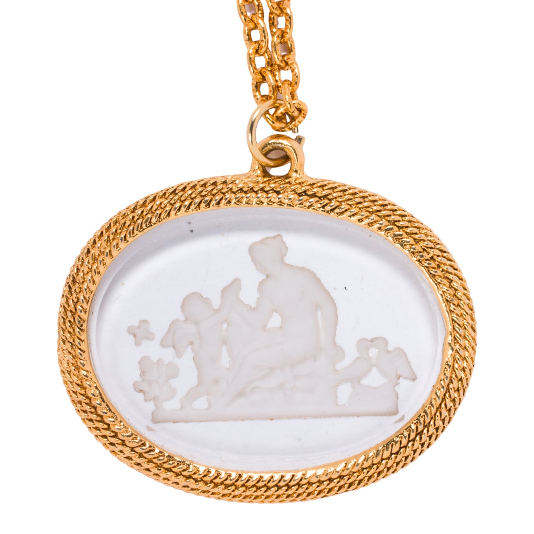 A glass intaglio pendant necklace: A glass intaglio pendant necklace The pendant featuring a carved glass intaglio measuring 1 1/4 x 1 3/4 in; chain length: 24 in