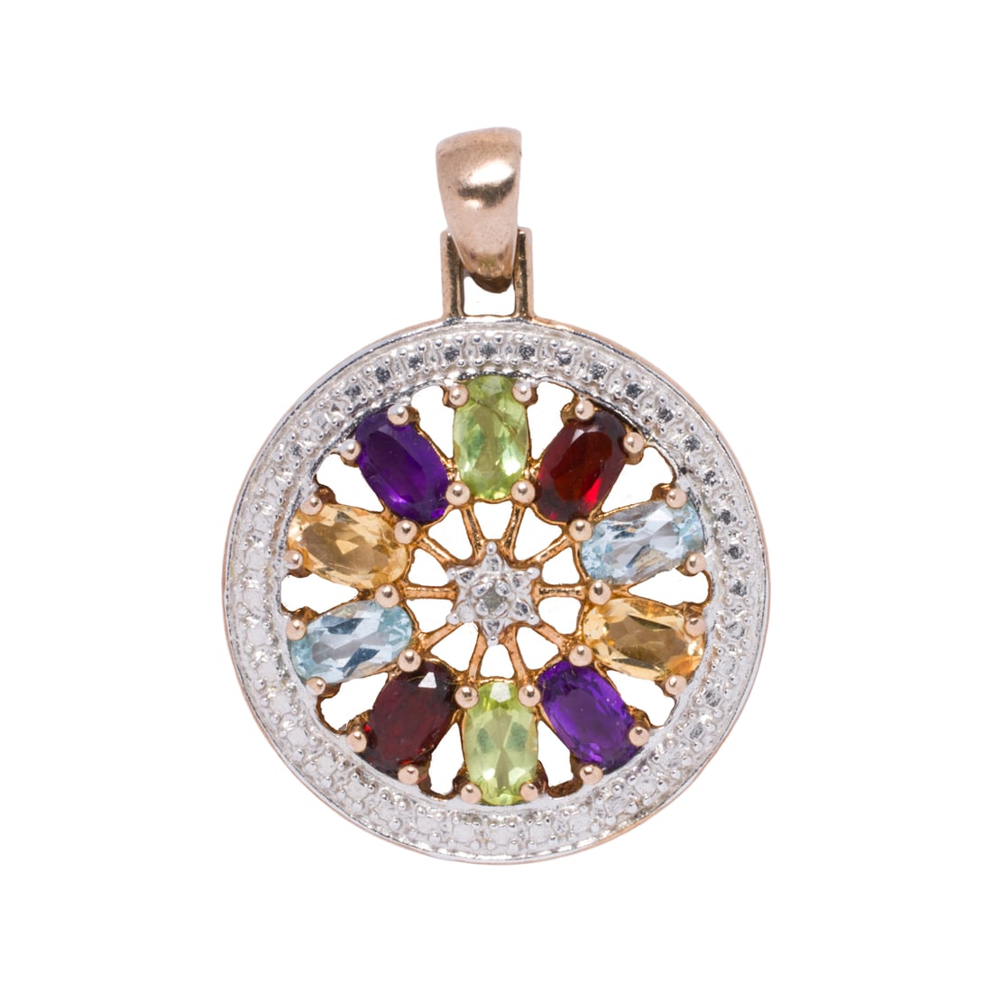 A gemstone and silver pendant: A gemstone and silver pendant of wheel design, set with oval-cut semi precious gemstones, framed by circular-cut white sapphire; length 1 in; 2.60 grams