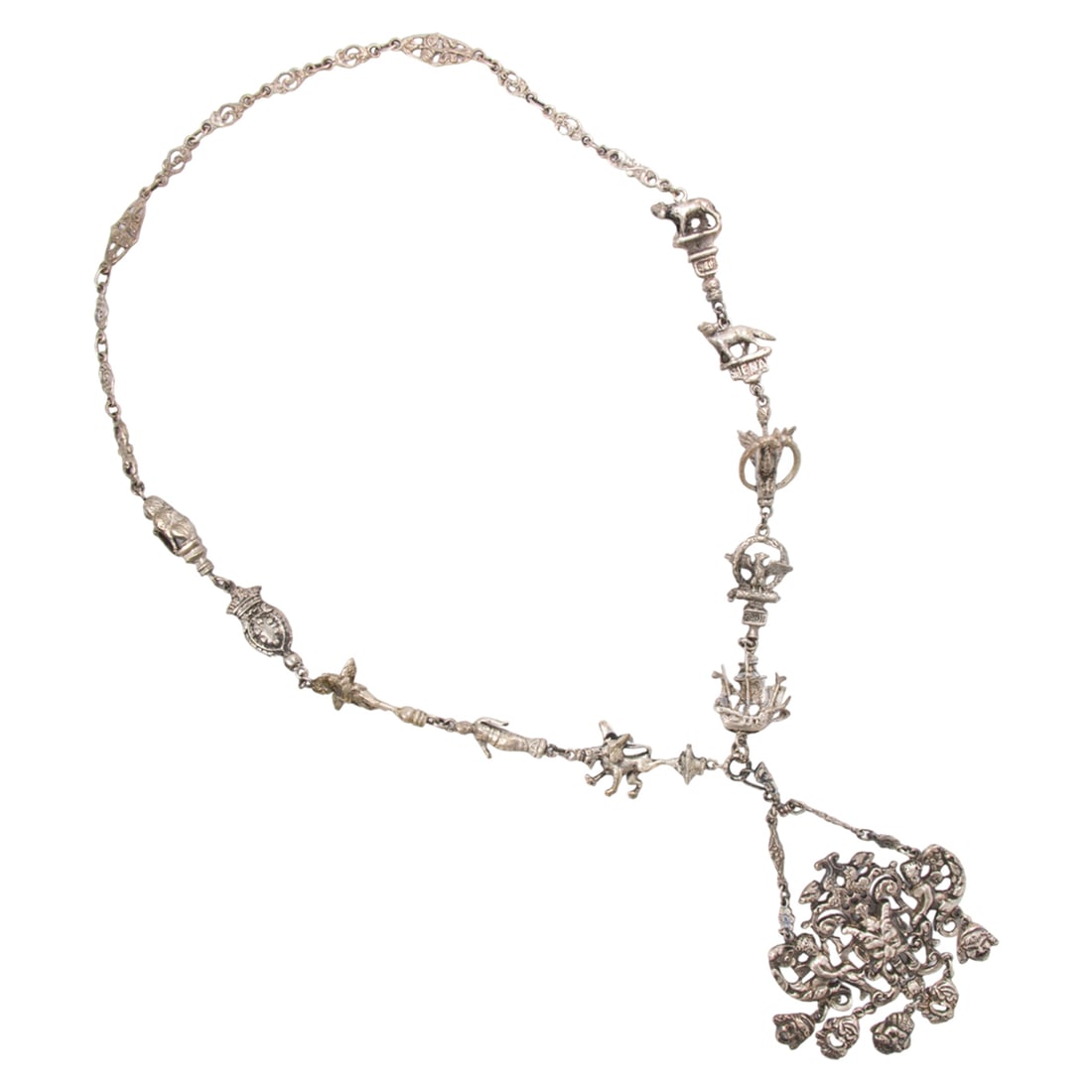 An Italian silver-tone necklace: An Italian silver-tone necklace Of Renaissance style, featuring a chandelier style pendant depicting Roman deities; pendant length: 4 1/4 in; chain length: 22 in; 95.15 grams