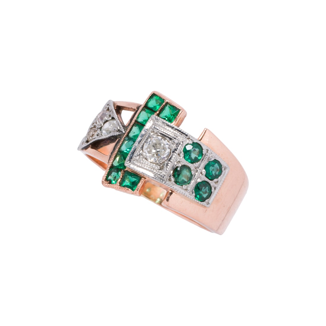An emerald, diamond, and 9k gold ring: An emerald, diamond, and 9k gold ring featuring 4 single-cut diamonds, accented by french and circular-cut emeralds; size: 5 3/4 in; 3.20 grams